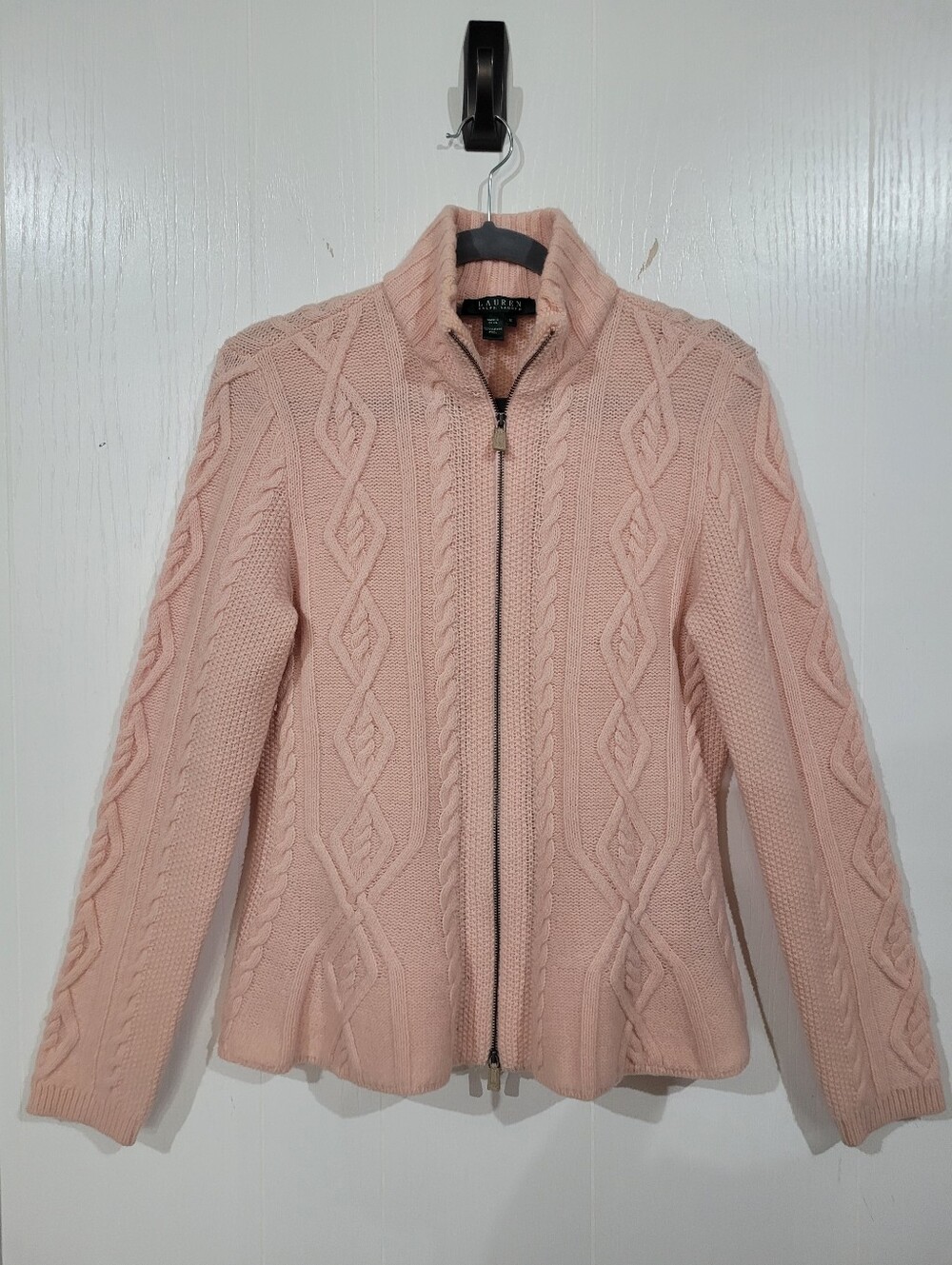 Lauren Ralph Lauren Blush Pink Cable-Knit 100% Lambs Wool Zip Front Jacket Sz M